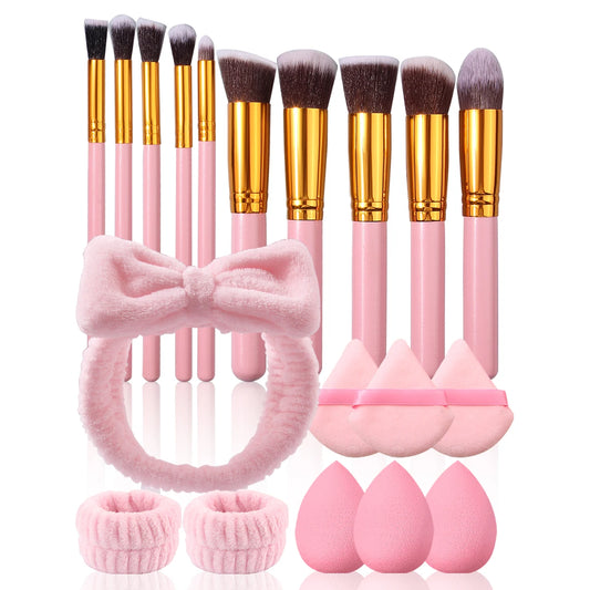 19PCS Professional Makeup Brush Set with Sponges | Wool Fiber Brushes, Powder Puffs, Hair Bands & Wristbands 2026