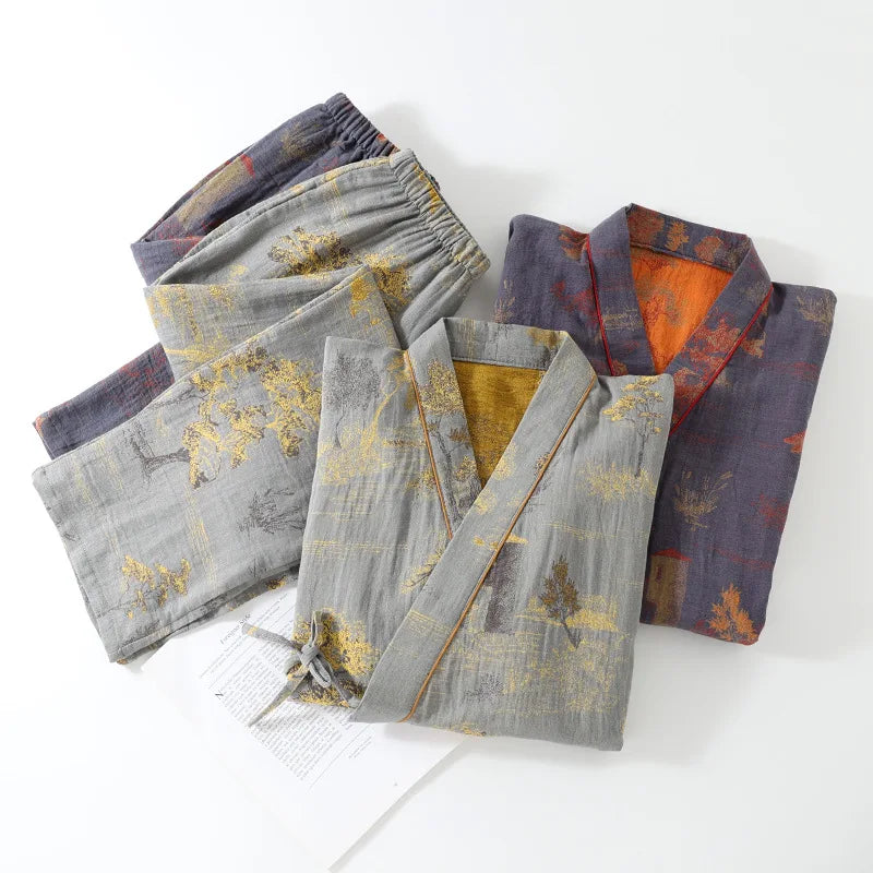 Roomwear Cotton Kimono Pajamas Men's Robes for Spring Jacquard Printed Home Clothing Medium Length Oversized Breathable Bathrobe