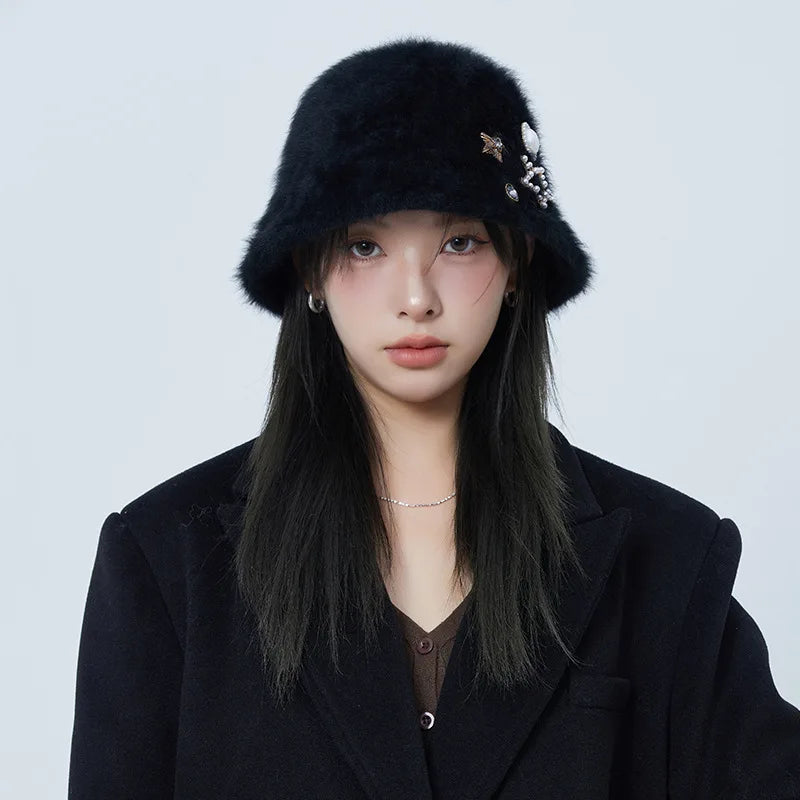 Oversized Rhinestone Rabbit Fur Bucket Hat | Stylish Warm Winter Cap