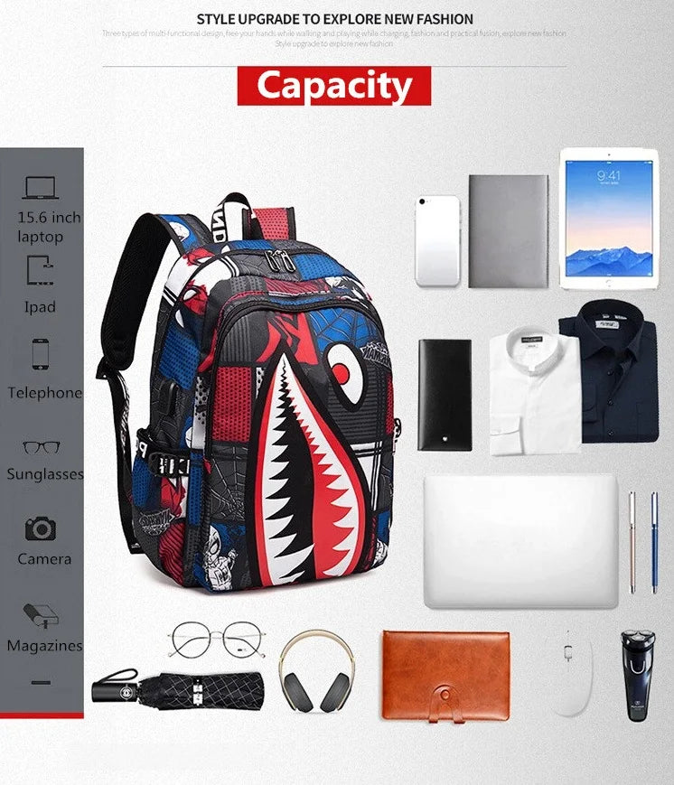 Cartoon Shark Print Backpack | Perfect School Rucksack for Kids