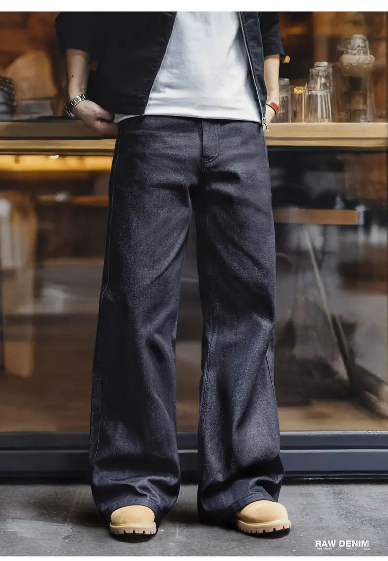 Vintage Loose Fit Raw Denim Wide-Leg Jeans for Men