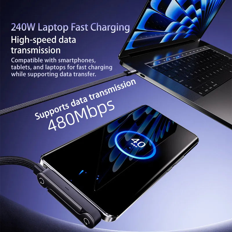 240W Fast Charging Foldable Data Cable | 2-in-1 Type-C Connector