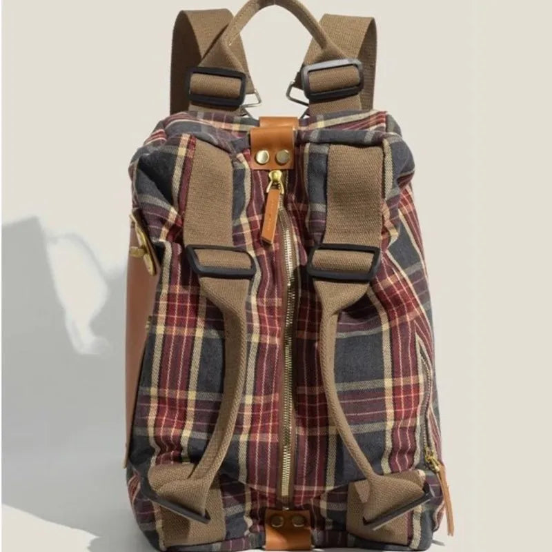Large Capacity Burgundy Plaid Handbag | Convertible Shoulder Backpack