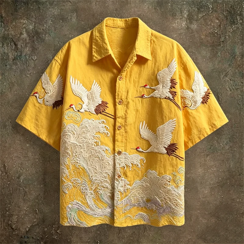 Men's Casual Short Sleeve Shirt | Dark Green Crane Pattern Fabric