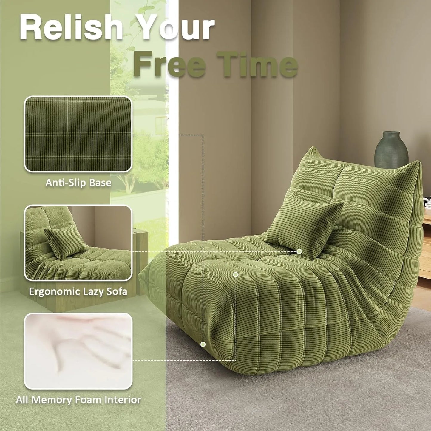 Cómodo sillón tipo puf verde | Tumbona de espuma viscoelástica