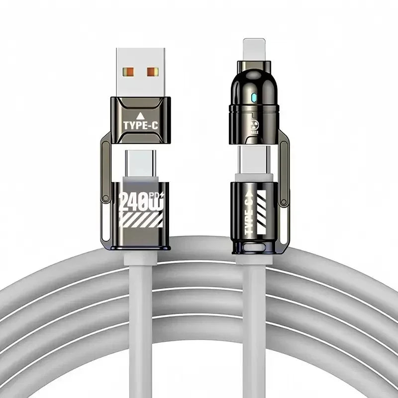 240W Super Fast Charging 4 In 1 Data Cable Dual Type-C+Lightning+USB Ports Phone Charging Cable For iPhone Samsung Huawei Xiaomi