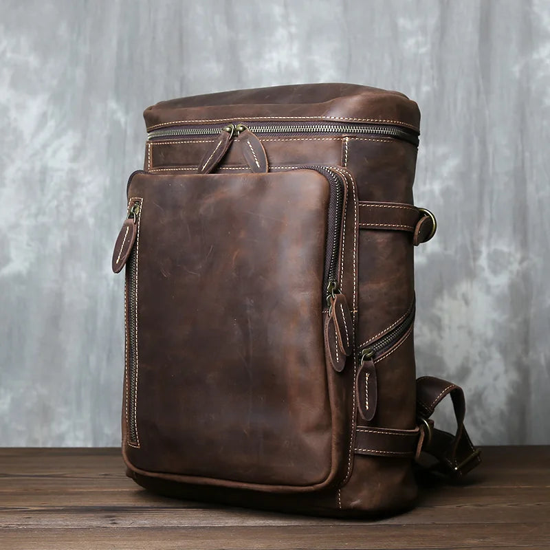 Retro Leather Vertical Backpack | Large Capacity Travel Bag for Men