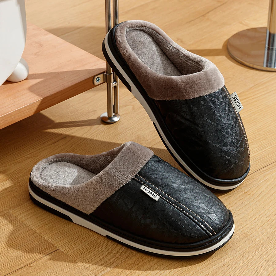 Men's Winter Waterproof PU Slippers | Warm & Comfortable Indoor Shoes