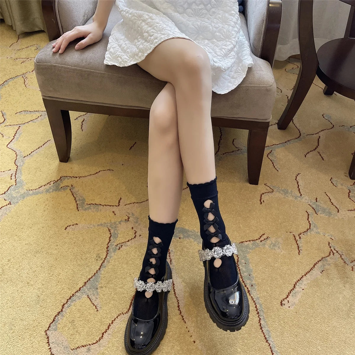 Kawaii Hollow Out Mesh Fishnet Socks | Cute Bow Long Stockings