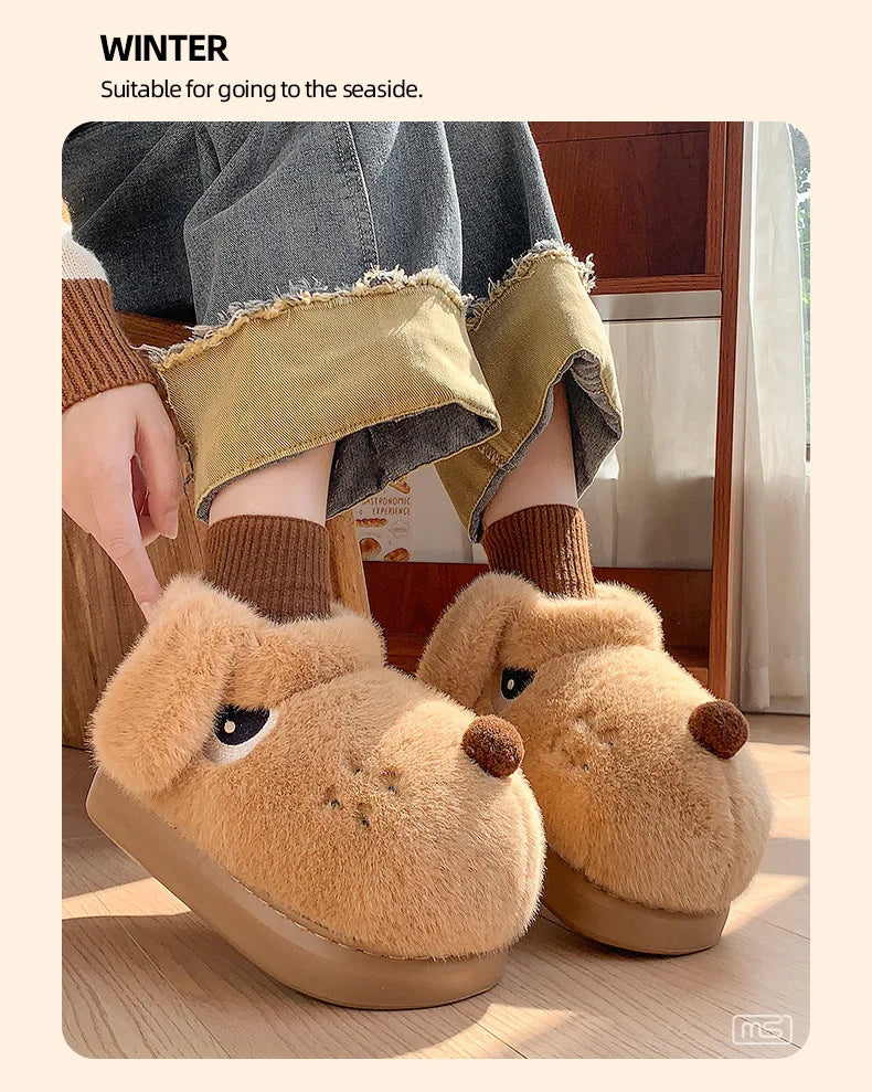 Women's Cute Cartoon Dog Plush Slippers | Fluffy Warm House Shoes