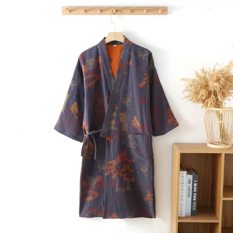 Roomwear Cotton Kimono Pajamas Men's Robes for Spring Jacquard Printed Home Clothing Medium Length Oversized Breathable Bathrobe