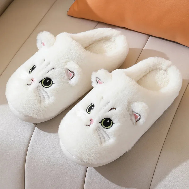 Cute Cat Fluffy Platform Slippers | Furry Plush Indoor Shoes