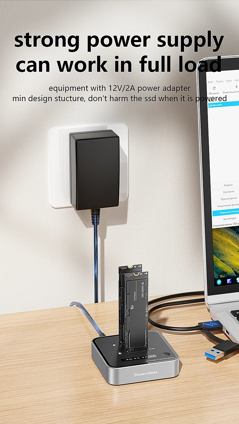 Dual-Bay M.2 NVMe SSD Cloning Dock | Fast USB 20Gbps Reader