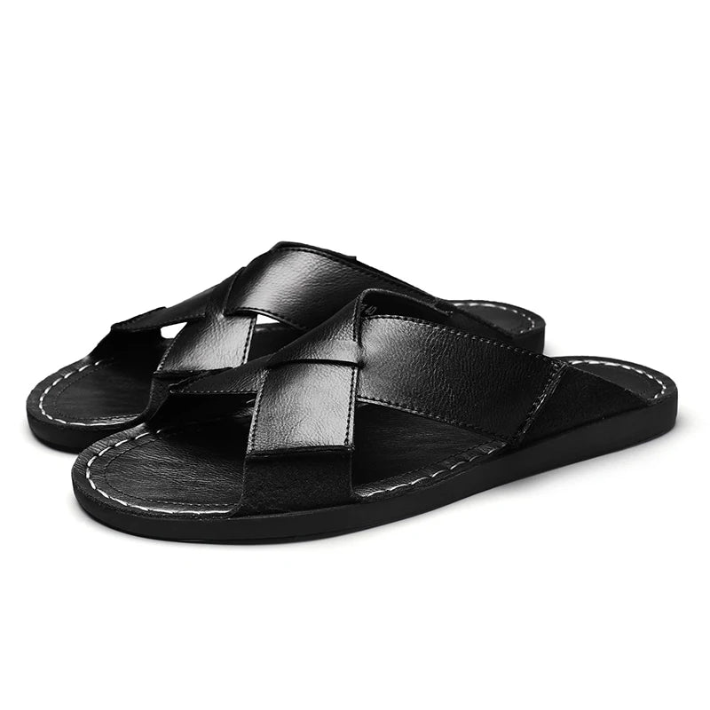 Plus Size Men Leather Slippers Homes In Indoor Slippers Summer Open Toe Sandals Comfy Antiskid Soft Bottom Casual Walking Shoes