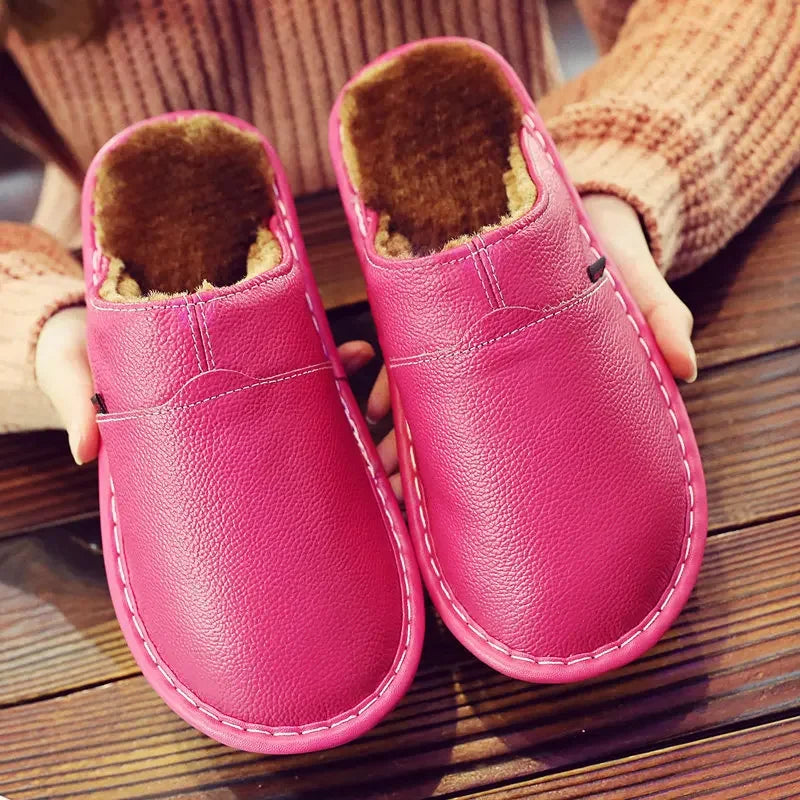 Couples Leather Plush Winter Slippers | Cozy Waterproof Shoes