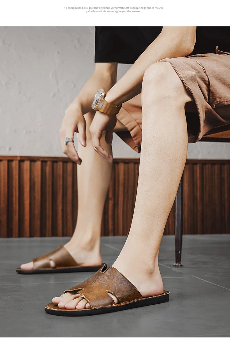 Men's Luxury Leather Slippers | Non-Slip Casual Wear for Summer