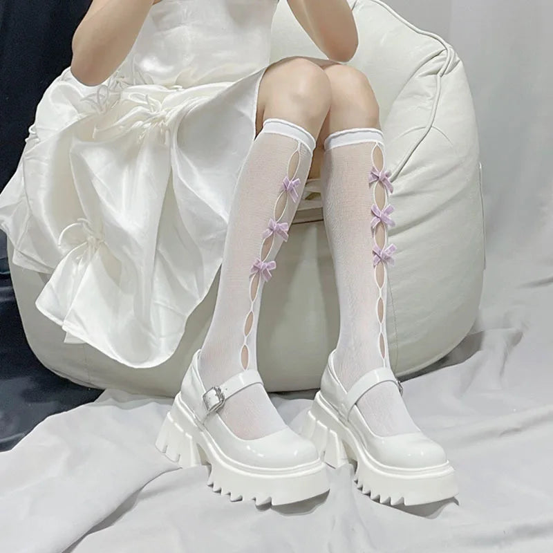 Kawaii Hollow Out Mesh Fishnet Socks | Cute Bow Long Stockings