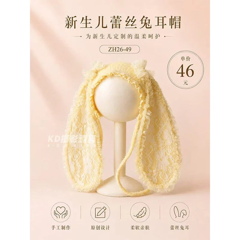 Newborn Photography Bunny Ear Hat Baby Crochet Rabbit Bonnet Soft Lace Knit Cap Infant Photo Props for Baby Boy Girl Photoshoot