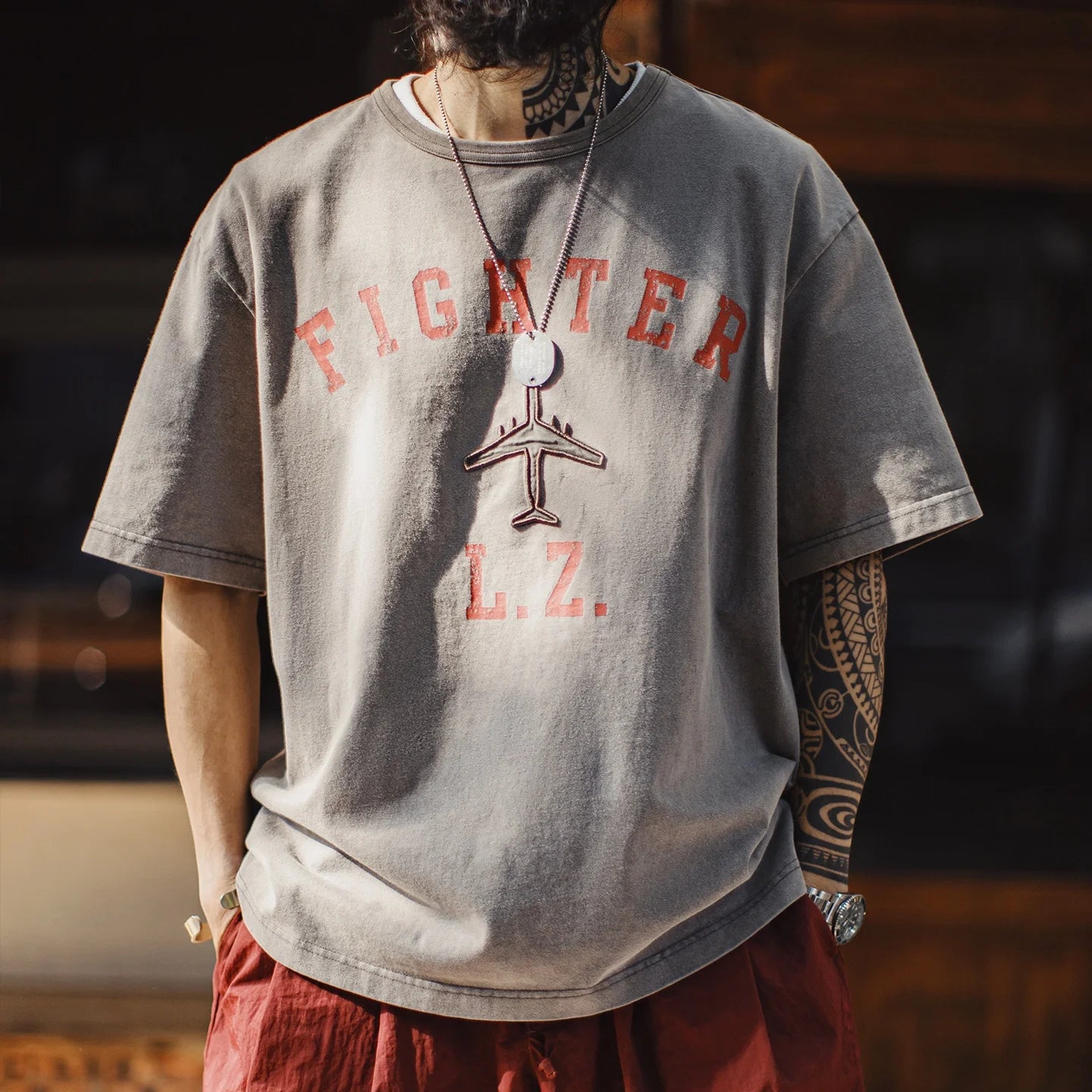 Men's Vintage Fighter Plane Print T-Shirt | Heavyweight Cotton Tee