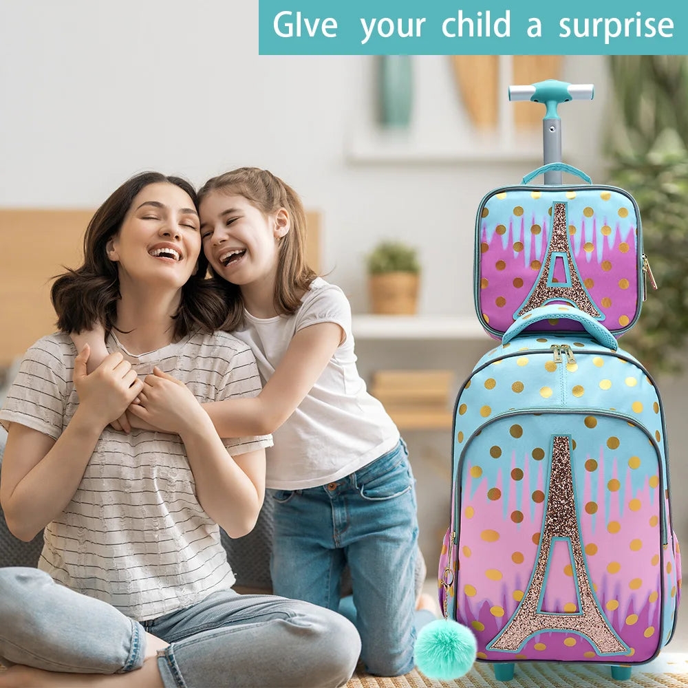 3PCS Rolling Backpack Set for Girls | Stylish School Bag