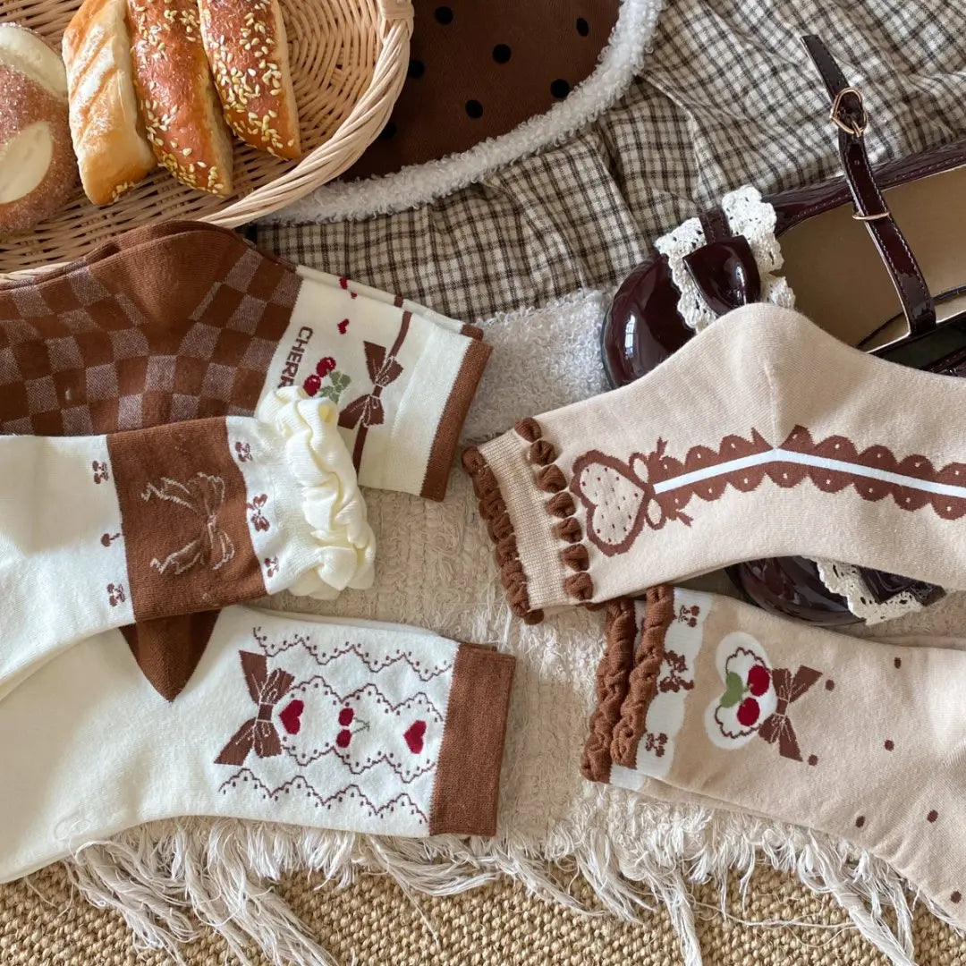 Cute Women's Mid-Calf Socks | Charming Cherry Bow Design