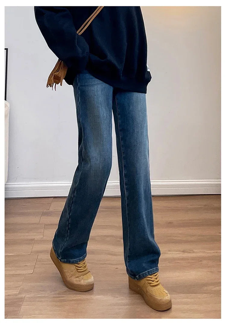 Women's Thickened Velvet Straight Jeans | Warm Fleece Pants