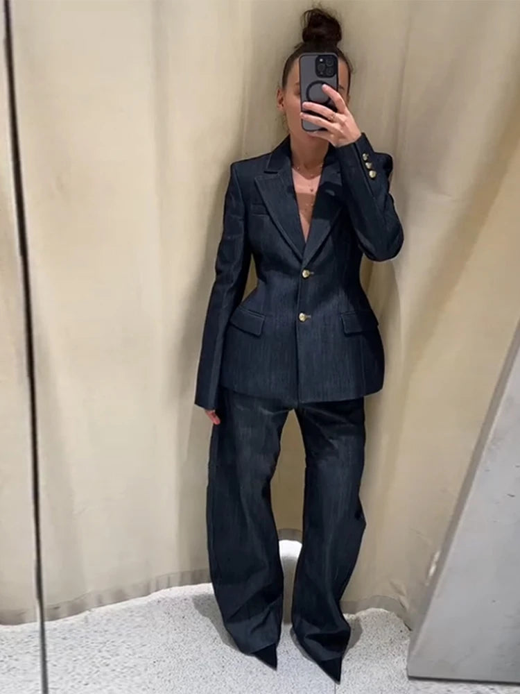Women’s Retro Denim Vest Suit Jacket & High Waist Pants Set