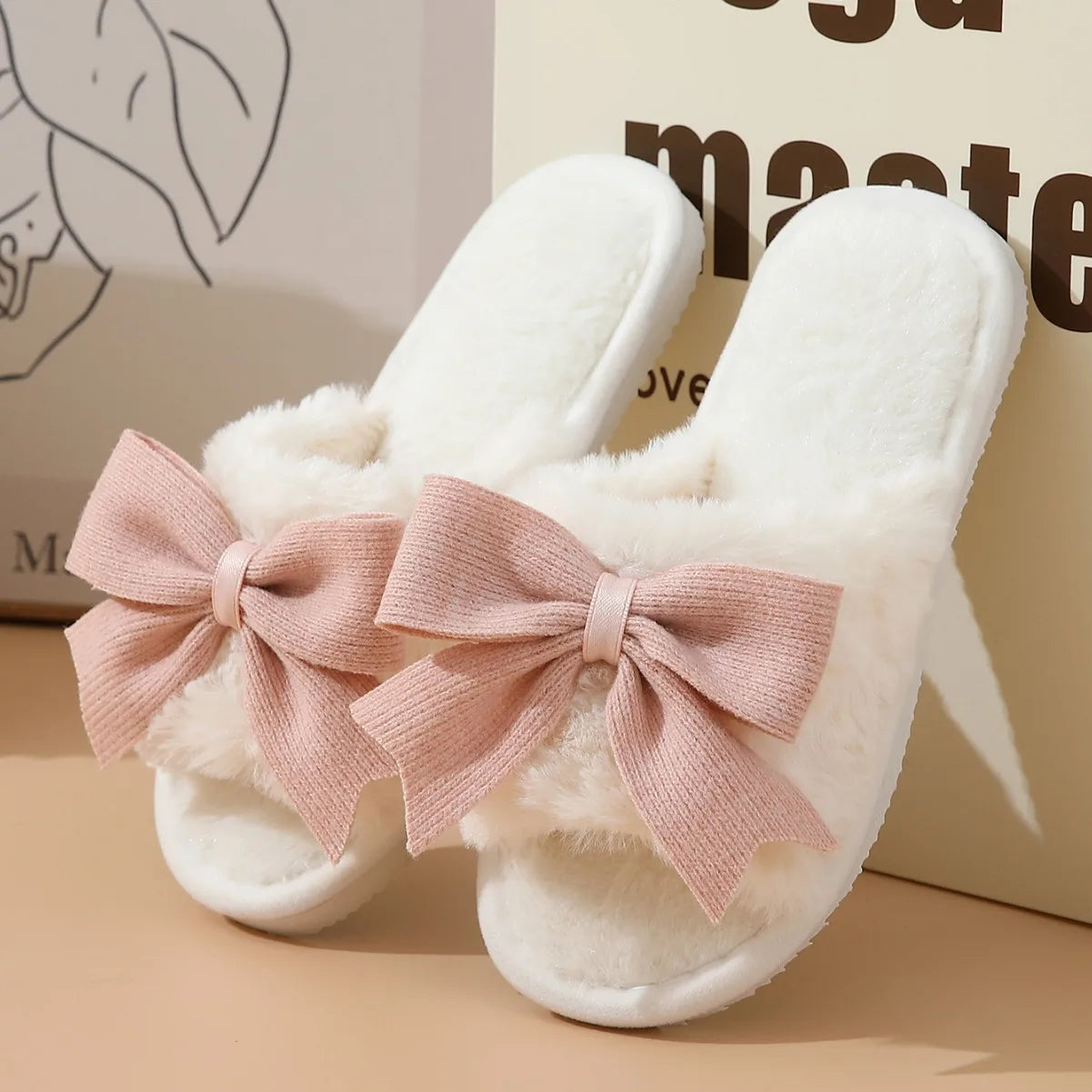 Women's Cute Bow Fluffy Suede Slippers | Warm Winter Indoor Slides
