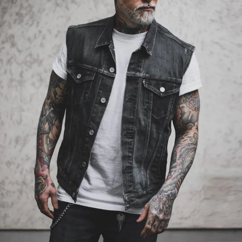 Men's Retro Denim Motorcycle Vest | Stylish Sleeveless Jacket
