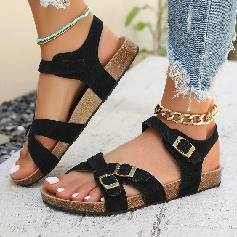 Retro Buckle Strap Cork Sandals Women 2025 Summer Cross Strap Flat Sandals Woman Brand Design Comfortable Non Slip Beach Shoes