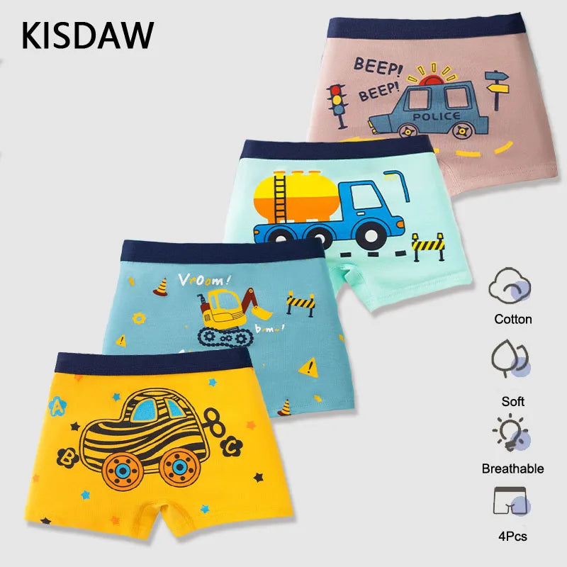 Boys Cotton Underwear | 4-Pack Cartoon Boxer Briefs for Kids