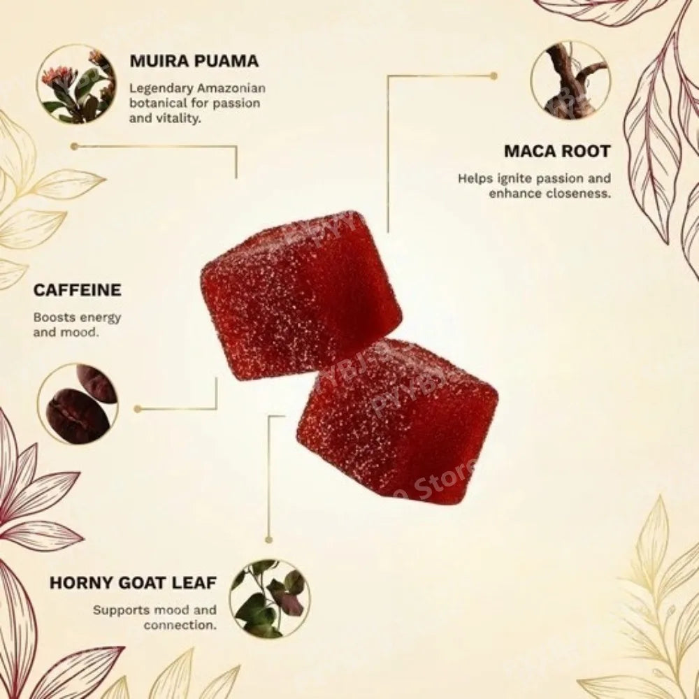 Muira Puama Horny Goat Weed Maca Root Gummy Cubes for Energy & Vitality with Ginger, 60 Count, 2 Gummies Daily, Non-GMO, Vegan