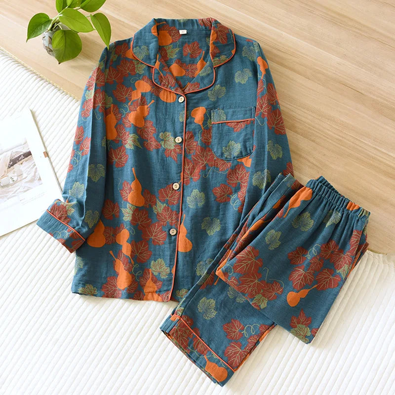 2026 Japanese Spring and Autumn New Women's Pajama Set 100% Cotton Vintage Long sleeved Pants Two Piece Set for Home Furnishings