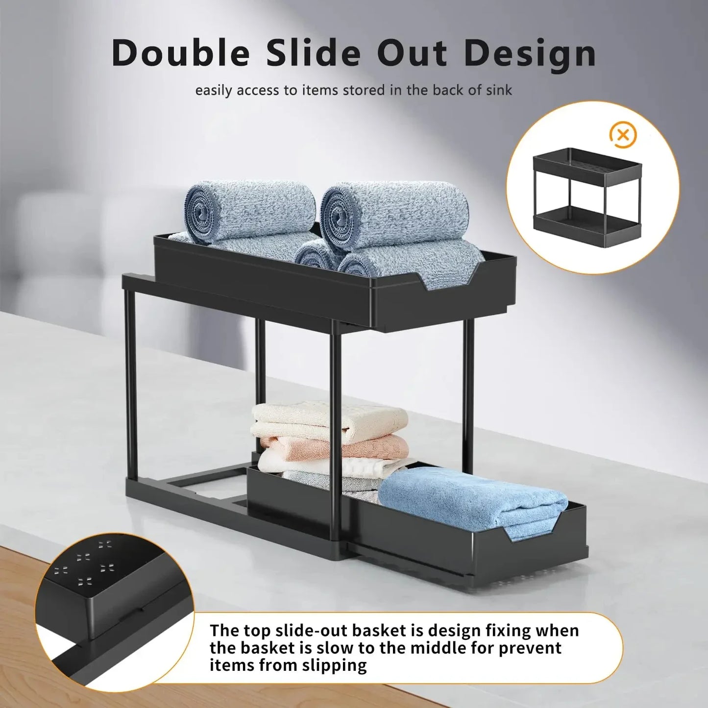 2 Tier Under Sink Sliding Storage Basket Multifunctional Organizer Rack with Hooks Hanging Cup Space-saving for Bathroom Kitchen