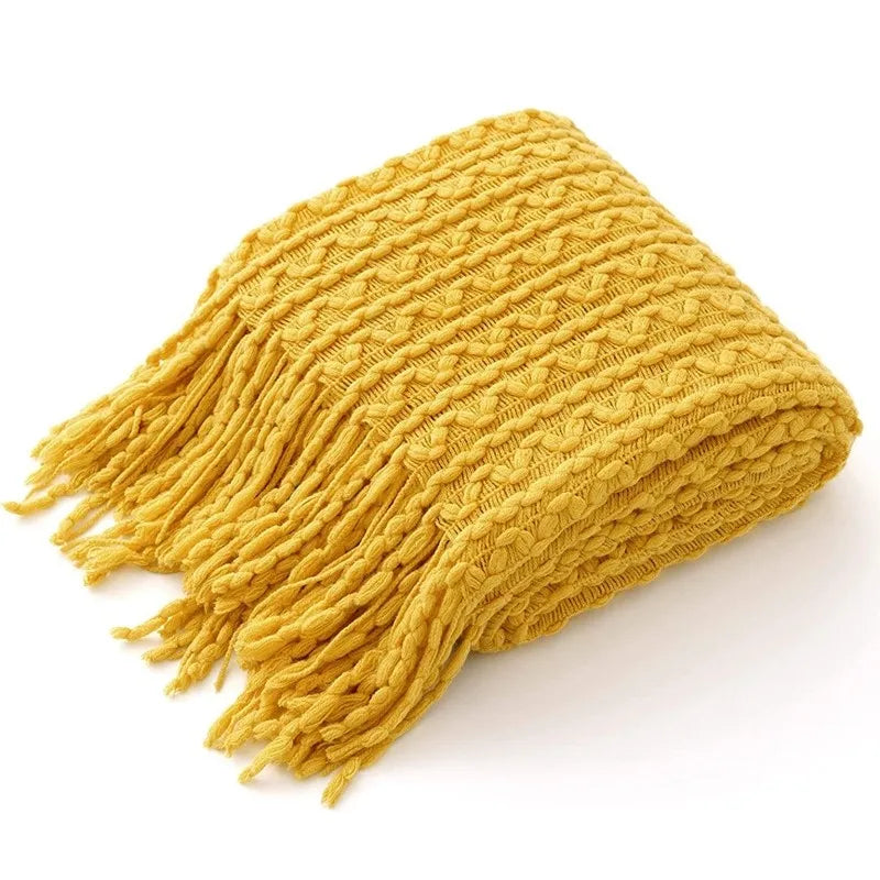 Cozy Yellow Boho Knitted Blanket | Soft Travel Nap Comfort