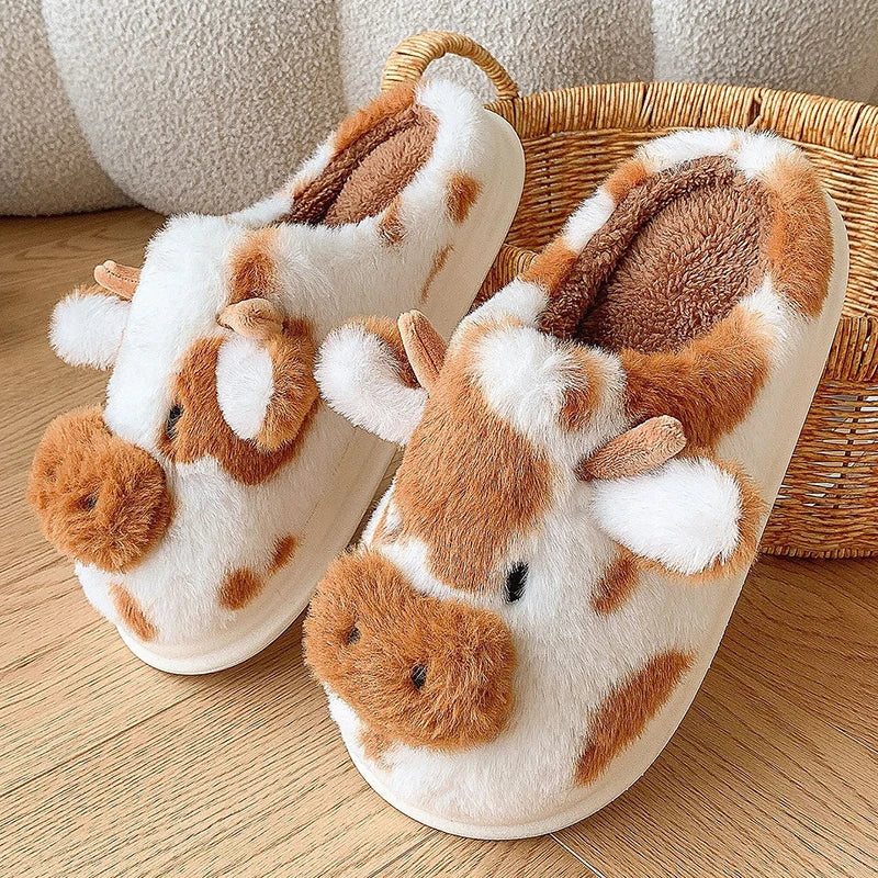 Women's Cute Cartoon Cow Plush Slippers | Warm Indoor House Shoes
