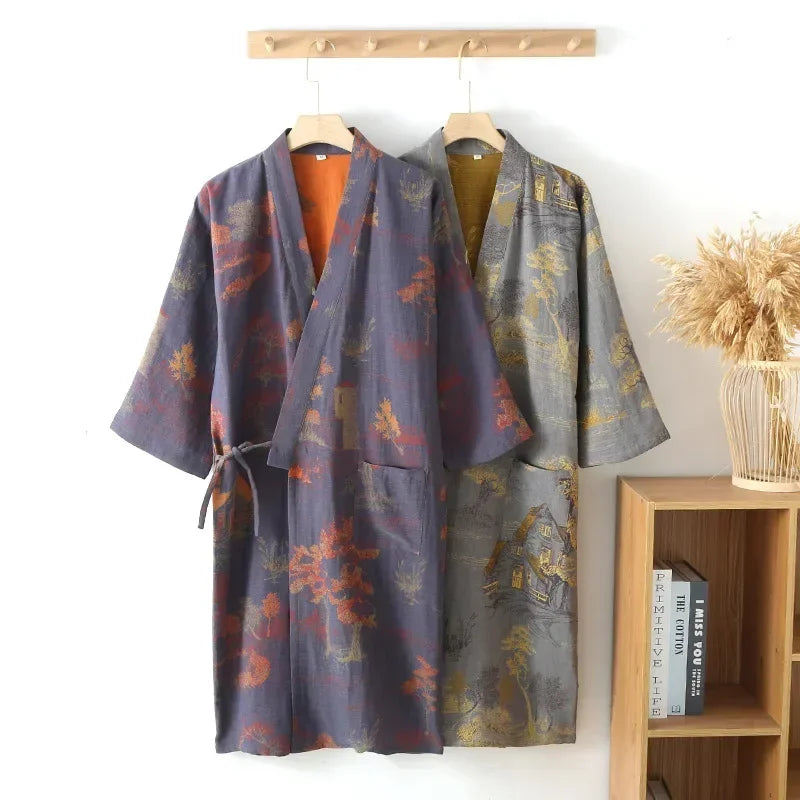 Roomwear Cotton Kimono Pajamas Men's Robes for Spring Jacquard Printed Home Clothing Medium Length Oversized Breathable Bathrobe