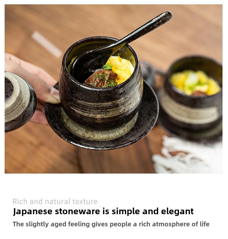 Japanese Retro Ceramic Stew Pot with Lid & Spoon Set | Multifunctional Soup Cup