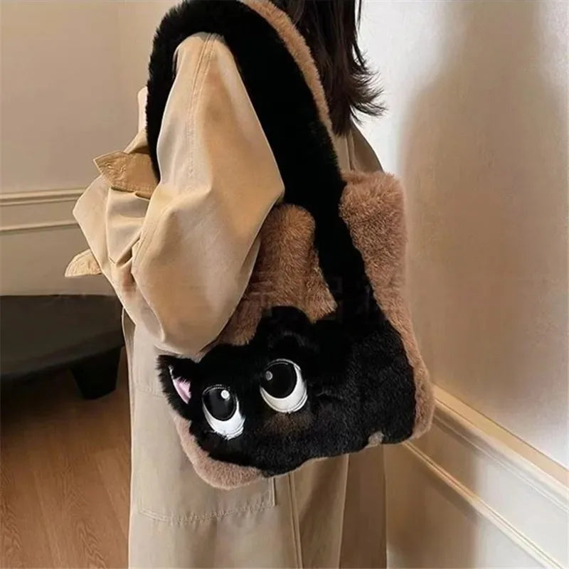 Cute Cartoon Women's Cat Pattern Tote Bag | Plush Shoulder Handbag