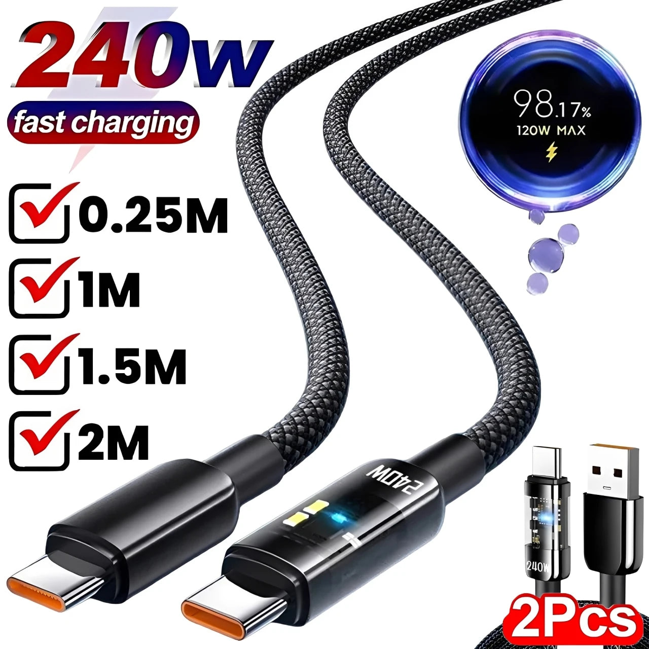 240W Nylon USB C PD Super Fast Charging Cable with LED Display