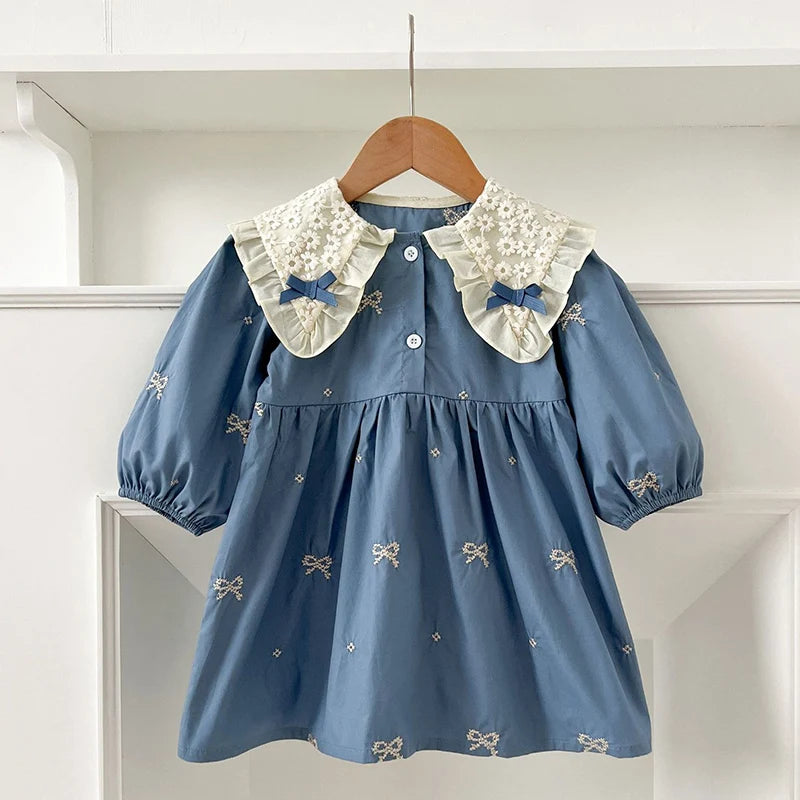 Cute Baby Girls Bow Lace Embroidery Bodysuit & Dress Set