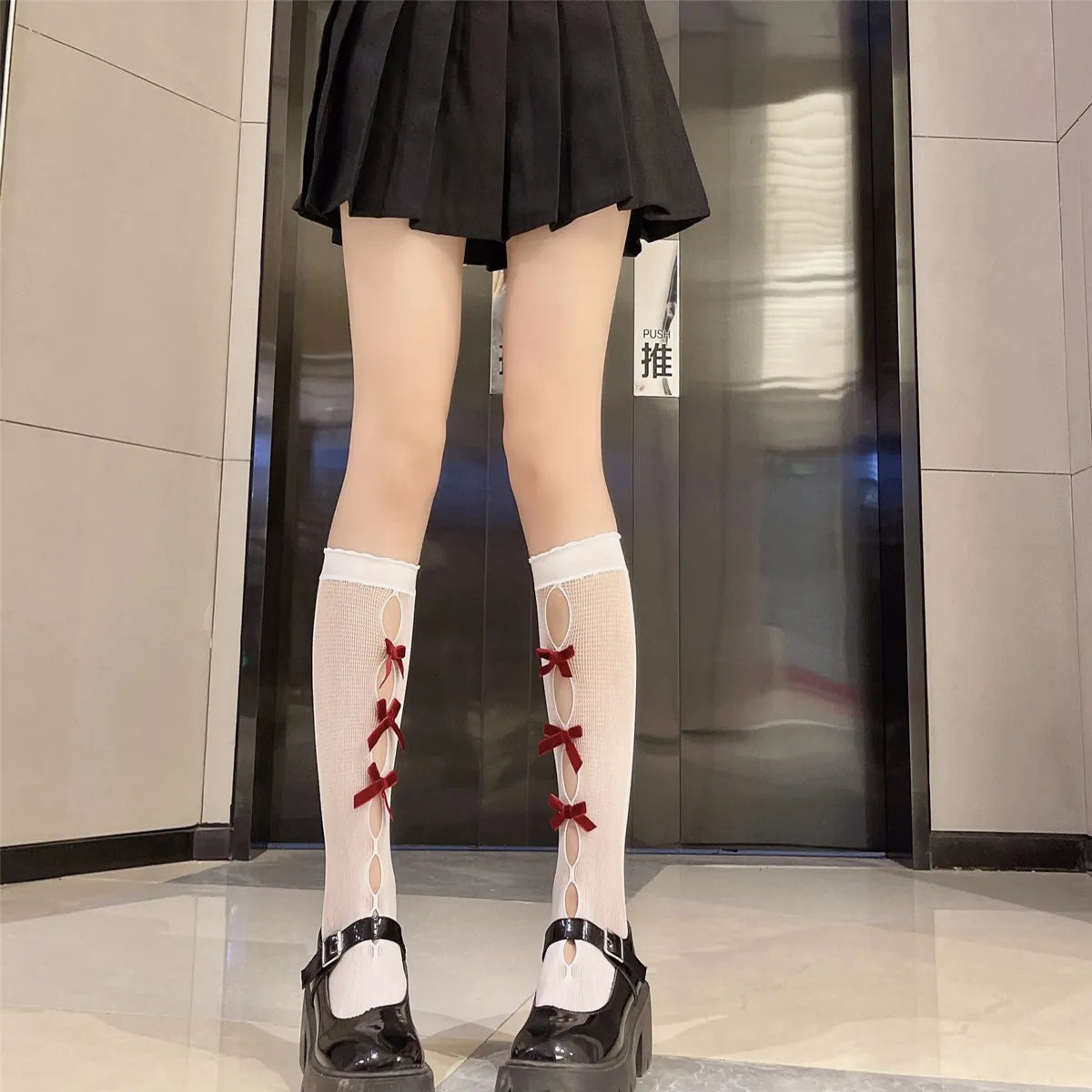 Kawaii Hollow Out Mesh Fishnet Socks | Cute Bow Long Stockings