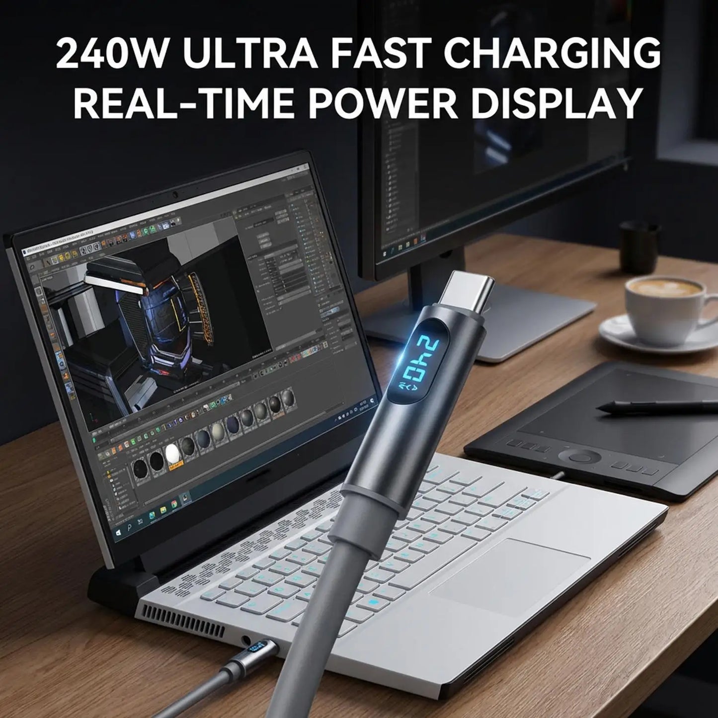 USB C To Type-C Charger Cable 240W High-speed Quick Charging LED Digital Display Data Line for IPhone 17 Samsung Xiaomi Huawei