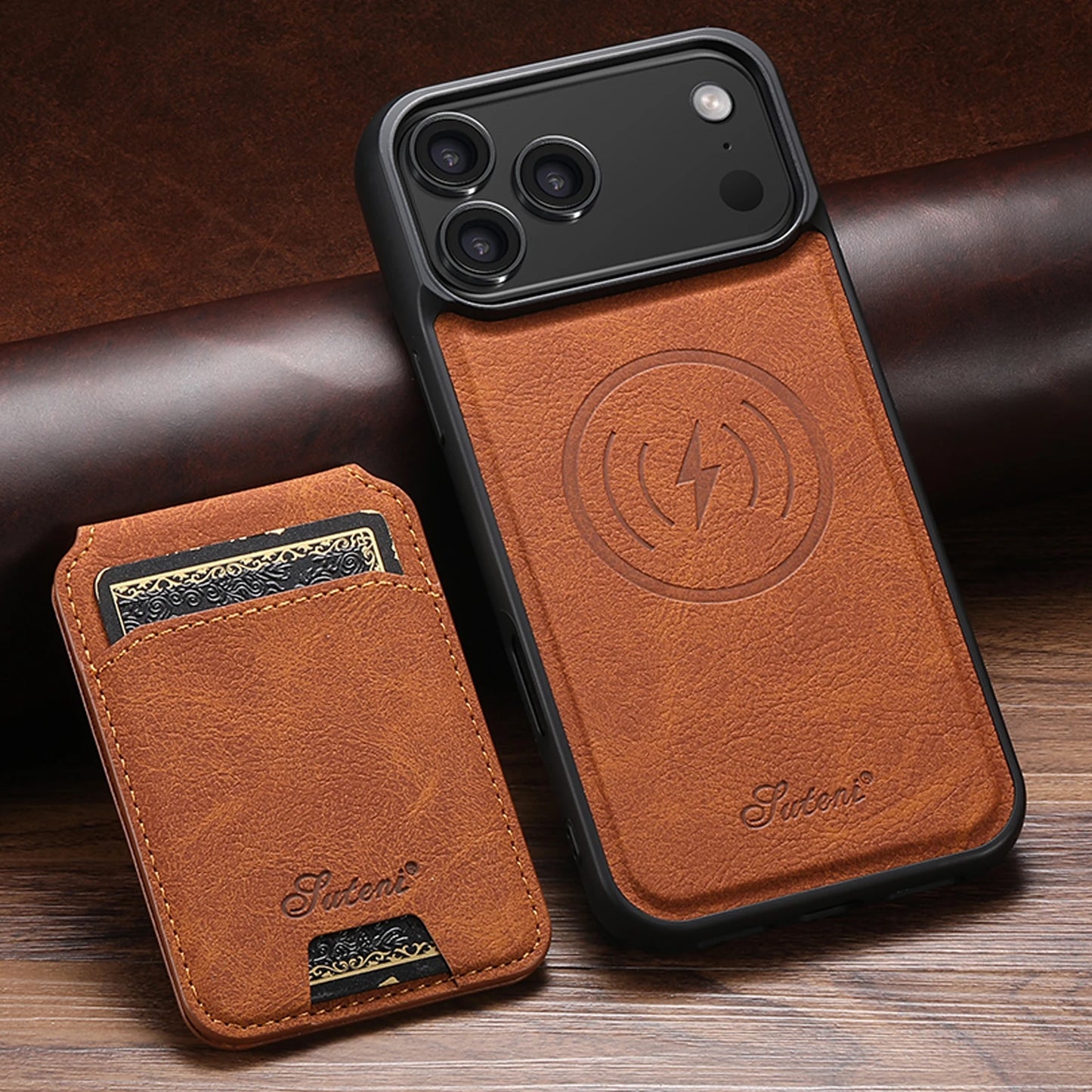 SUTENI Wireless Charging Phone Case Magnet Card Holder Stand Faux Leather For iPhone 17 Pro Max 16 Plus 15 14 13 12