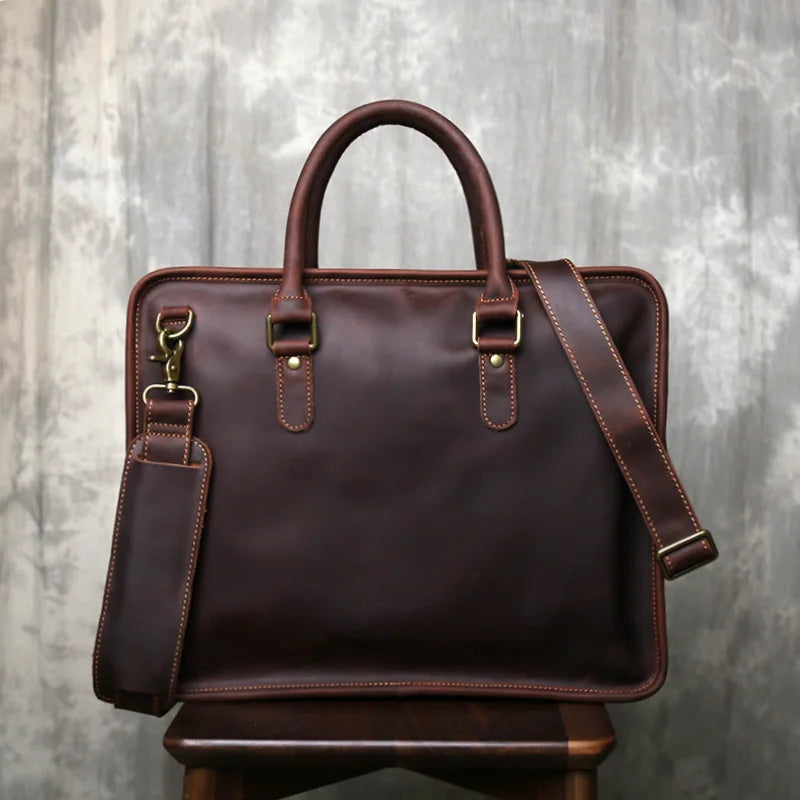 Handmade Genuine Leather Briefcase | Retro Large Capacity Laptop Bag