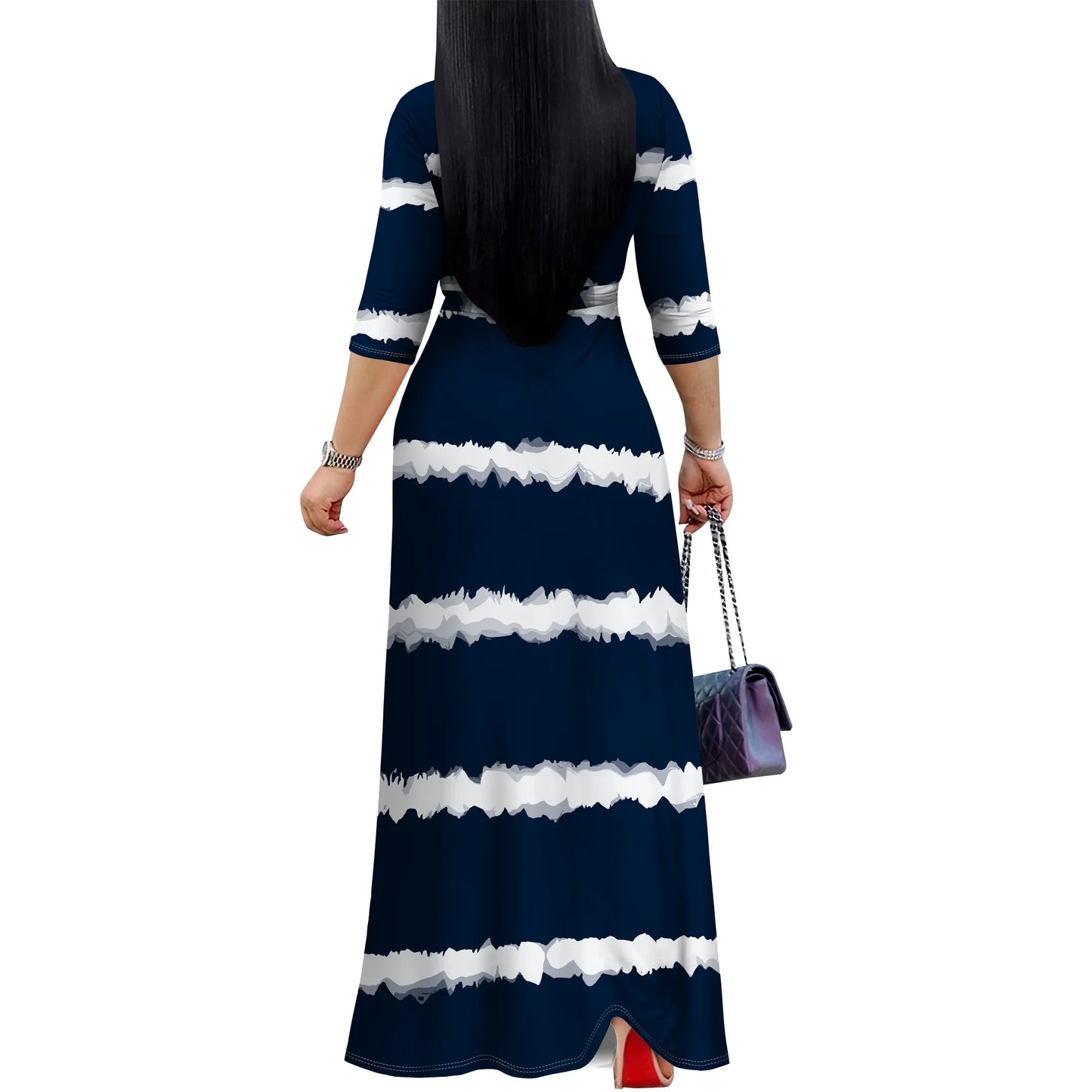 Colorful Tie-Dye V-Neck 3/4 Sleeve Wrap Maxi Dress for Women