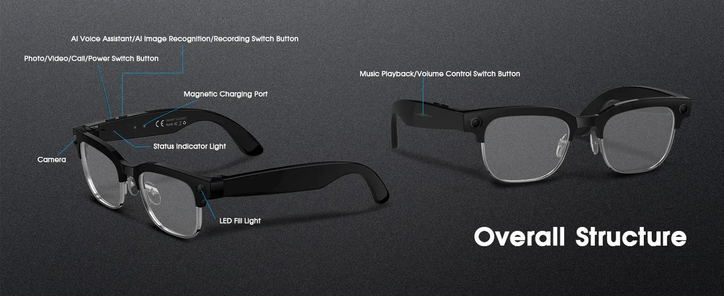 2026 Smart Glasses with 800W Ultra-Wide HD 4K Camera — Dual Lens Video Recording, 4GB AI Photo Recognition, Bluetooth Calls, Voice Translation, Anti-Blue Light UV Sunglasses