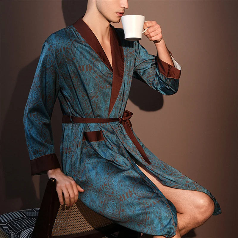 Spring Summer New Mens Robe Printed Bathrobe Kimono Gown Silky Satin Male Sleepwear Night Clothes Loose Casual Homewear Pajama