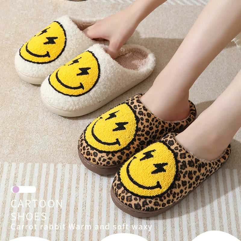 Women's Leopard Print Plush Slippers | Cute Smile Face House Shoes