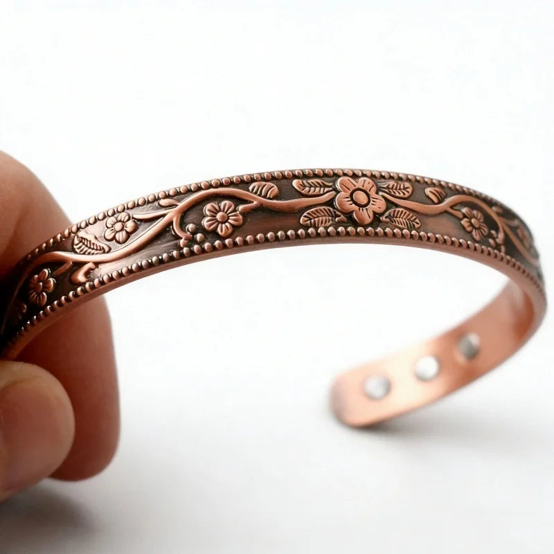 Vintage Floral Engraved Solid Copper Magnetic Therapy Cuff Bracelet